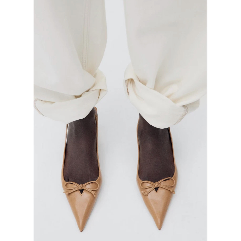 NEW MANGO MNG TAN BOW DETAIL POINTED TOE KITTEN HEEL SHOES SZ 40 US 9 - Picture 4 of 10